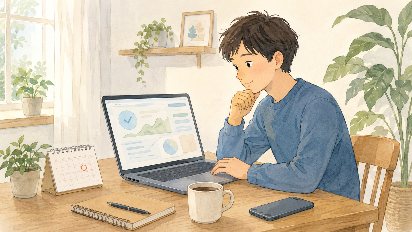 自宅の机でノートPCを使い、アプリ公開状況を落ち着いて確認する個人開発者のオリジナルイラスト