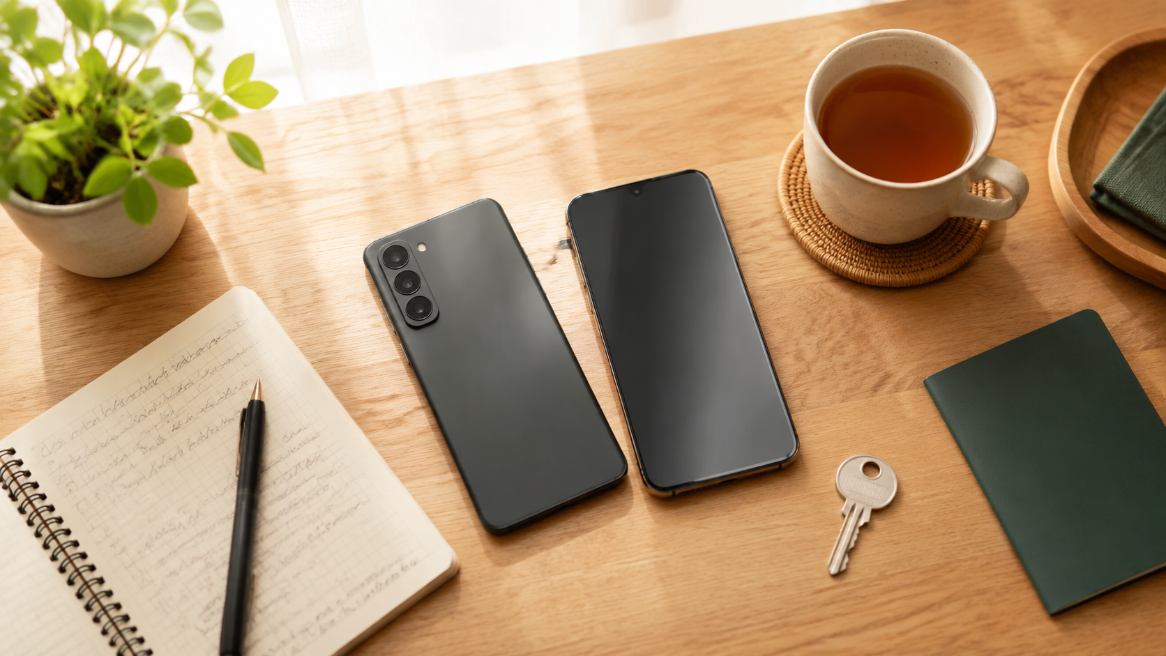 スマートフォン、鍵、メモ、書類を机に置いた日常的な作業風景