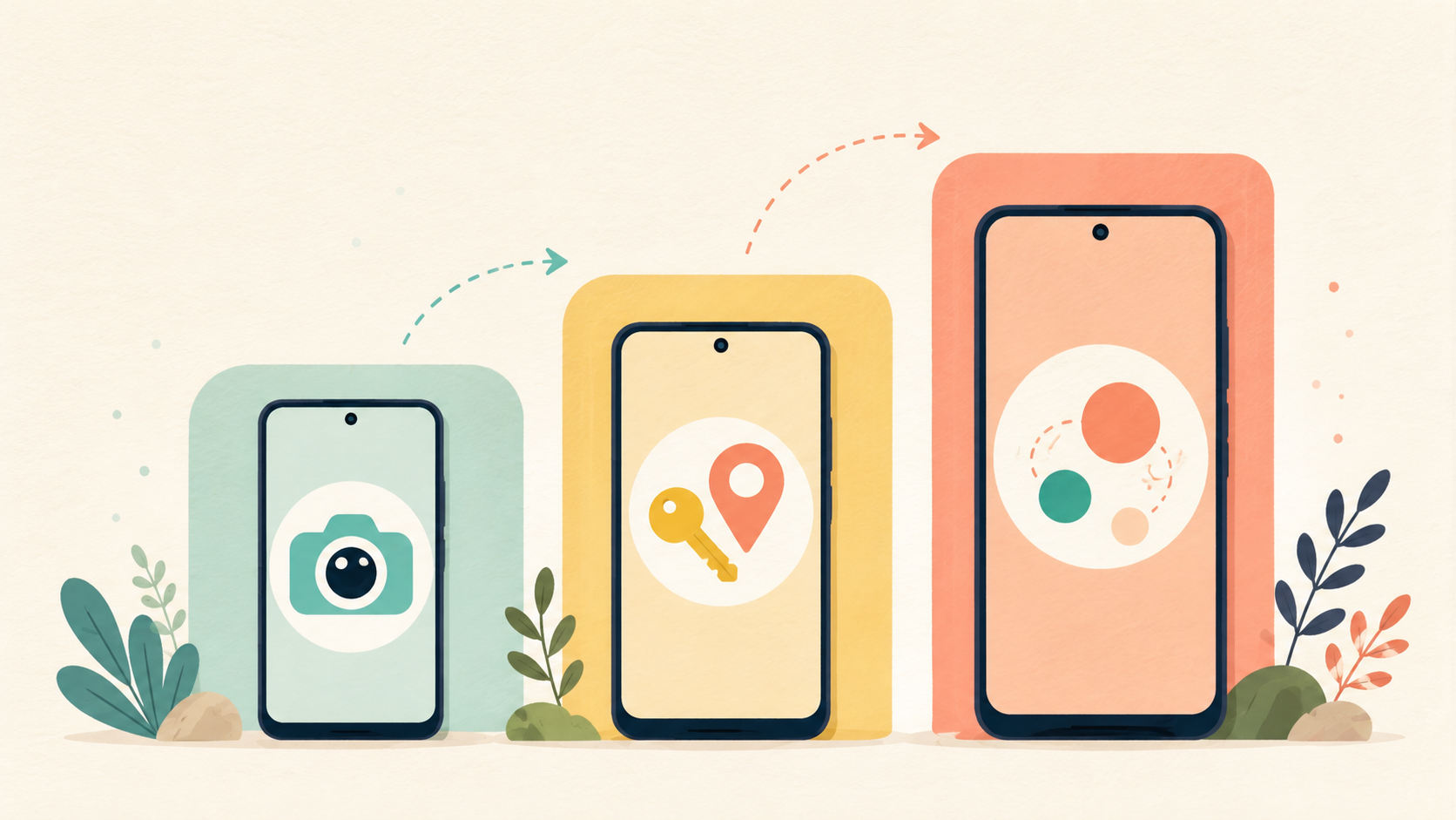 対応OSが異なる3つの機能グループを表すスマートフォンのイラスト