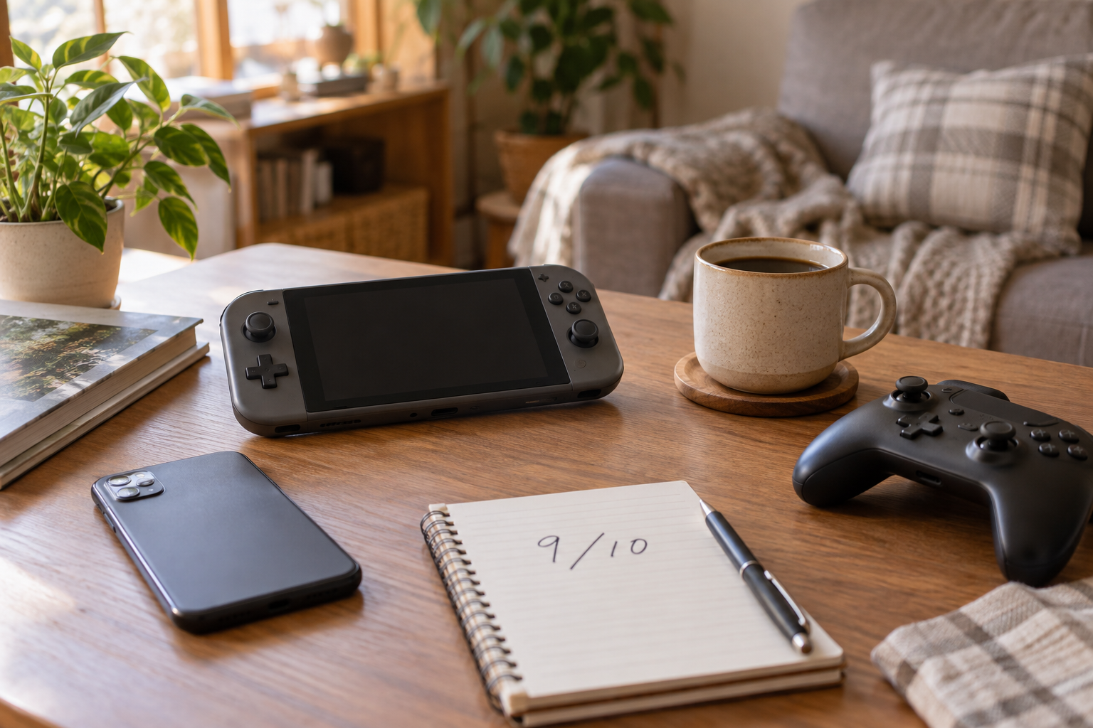 自宅のテーブルに一般的な携帯ゲーム機、スマートフォン、コントローラー、コーヒーと9月10日のメモを置いたオリジナル画像