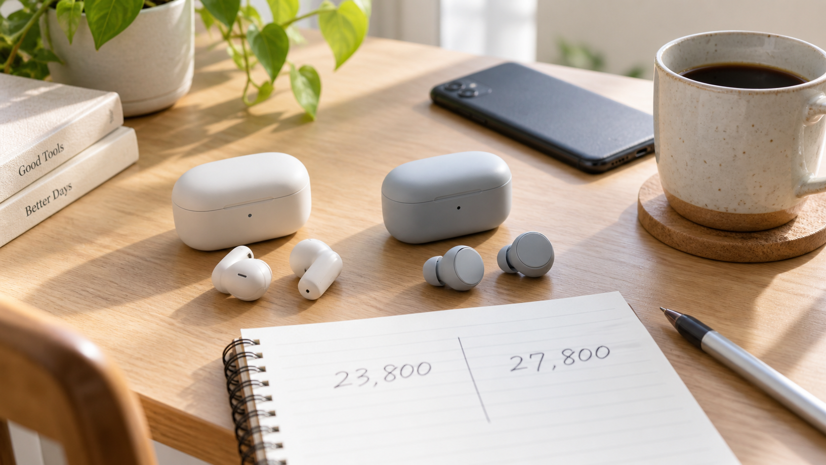 明るい自宅の机に一般的なワイヤレスイヤホンケース、スマートフォン、コーヒー、23,800円と27,800円をメモしたノートを置いたオリジナル画像