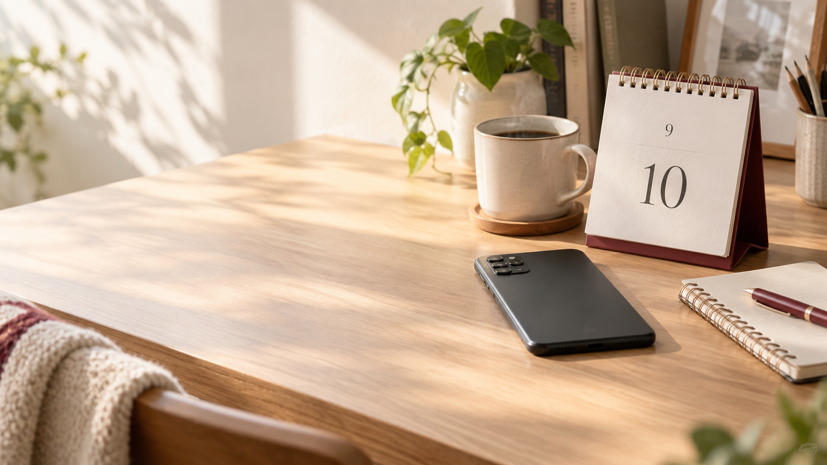 朝の机にカレンダーやコーヒー、一般的なスマートフォンを置き、発表後の購入判断をイメージしたオリジナル画像