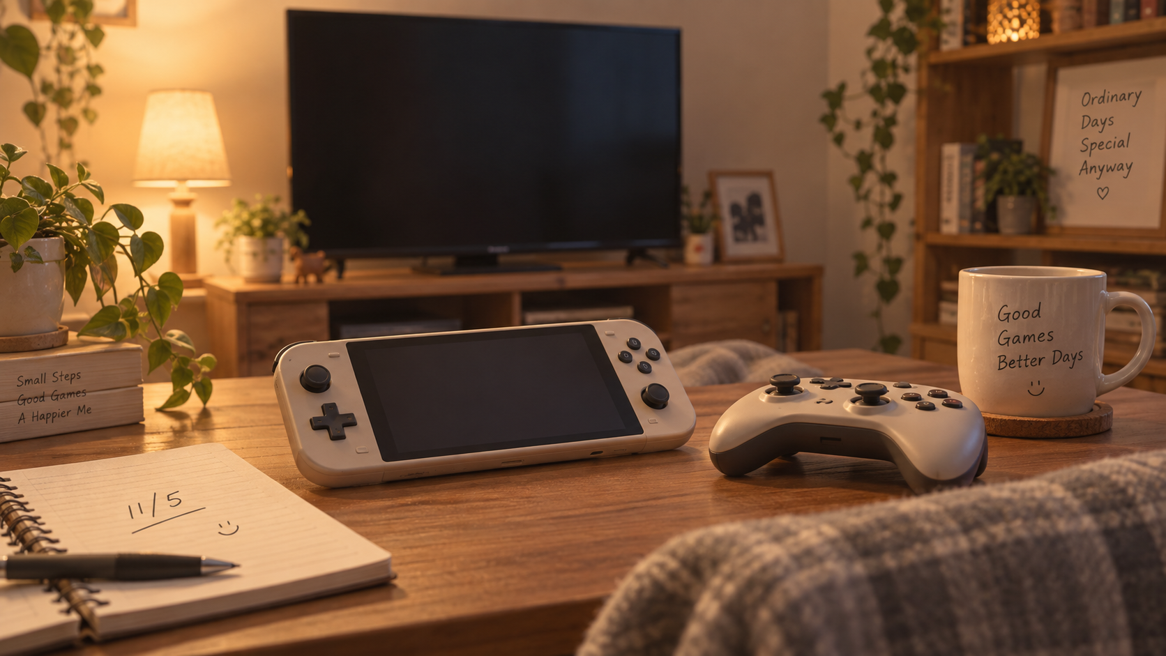 一般的な携帯ゲーム機とコントローラー、テレビ、メモ帳、飲み物を置いた自宅のゲーム環境を表すオリジナル画像