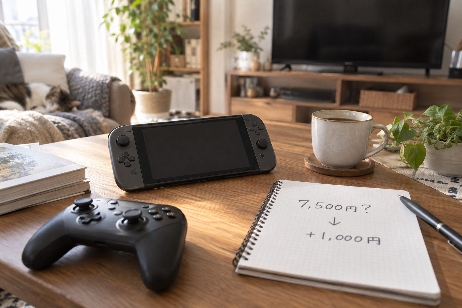 一般的な携帯ゲーム機とコントローラー、テレビ、コーヒー、価格差を書いたメモを自宅のテーブルに置いたオリジナル画像