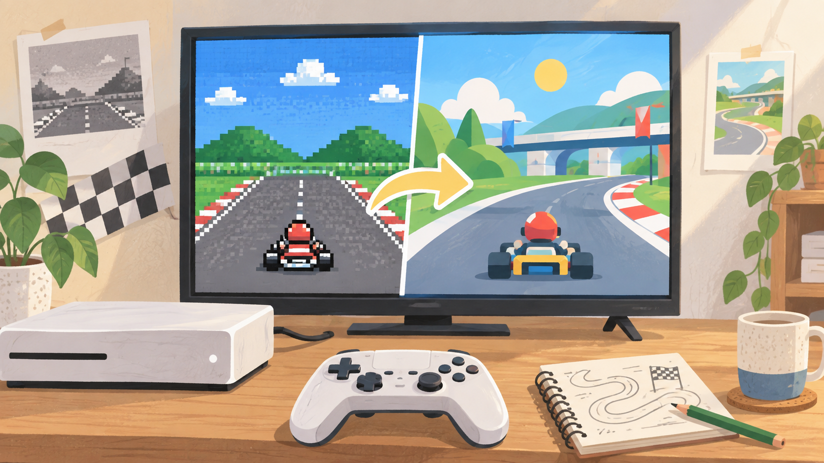 レトロなレースゲームと現代のゲームをイメージした、ゲーム機と画面、コントローラーのオリジナルイラスト