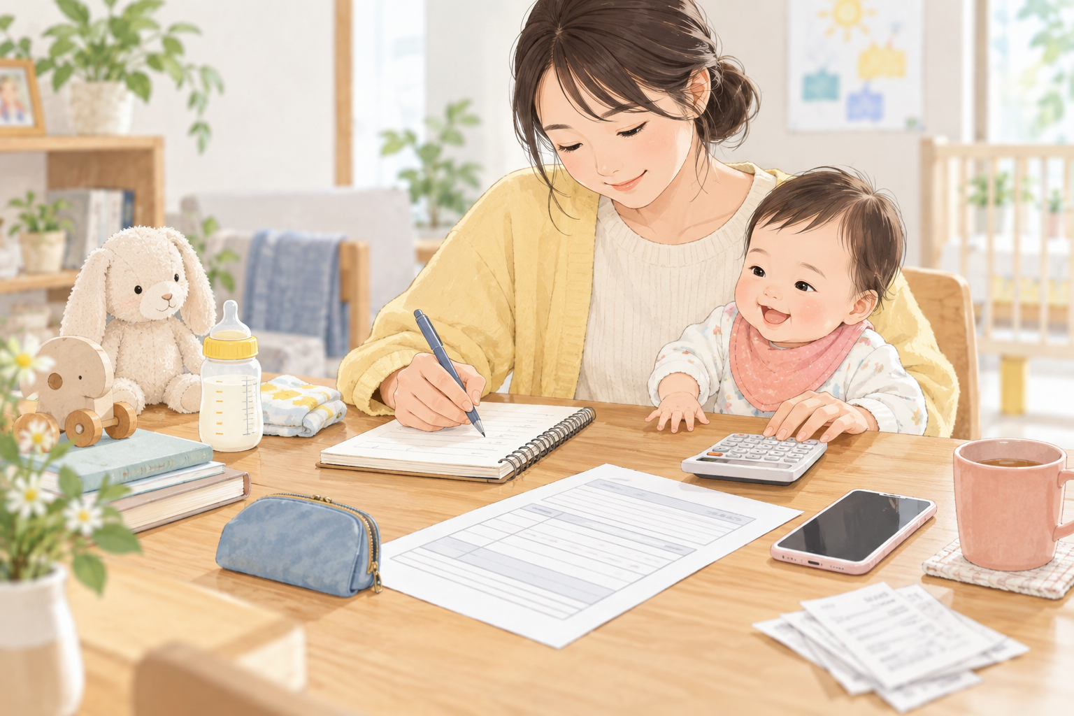 子育て中の家庭が家計メモや書類を確認しているオリジナルイラスト
