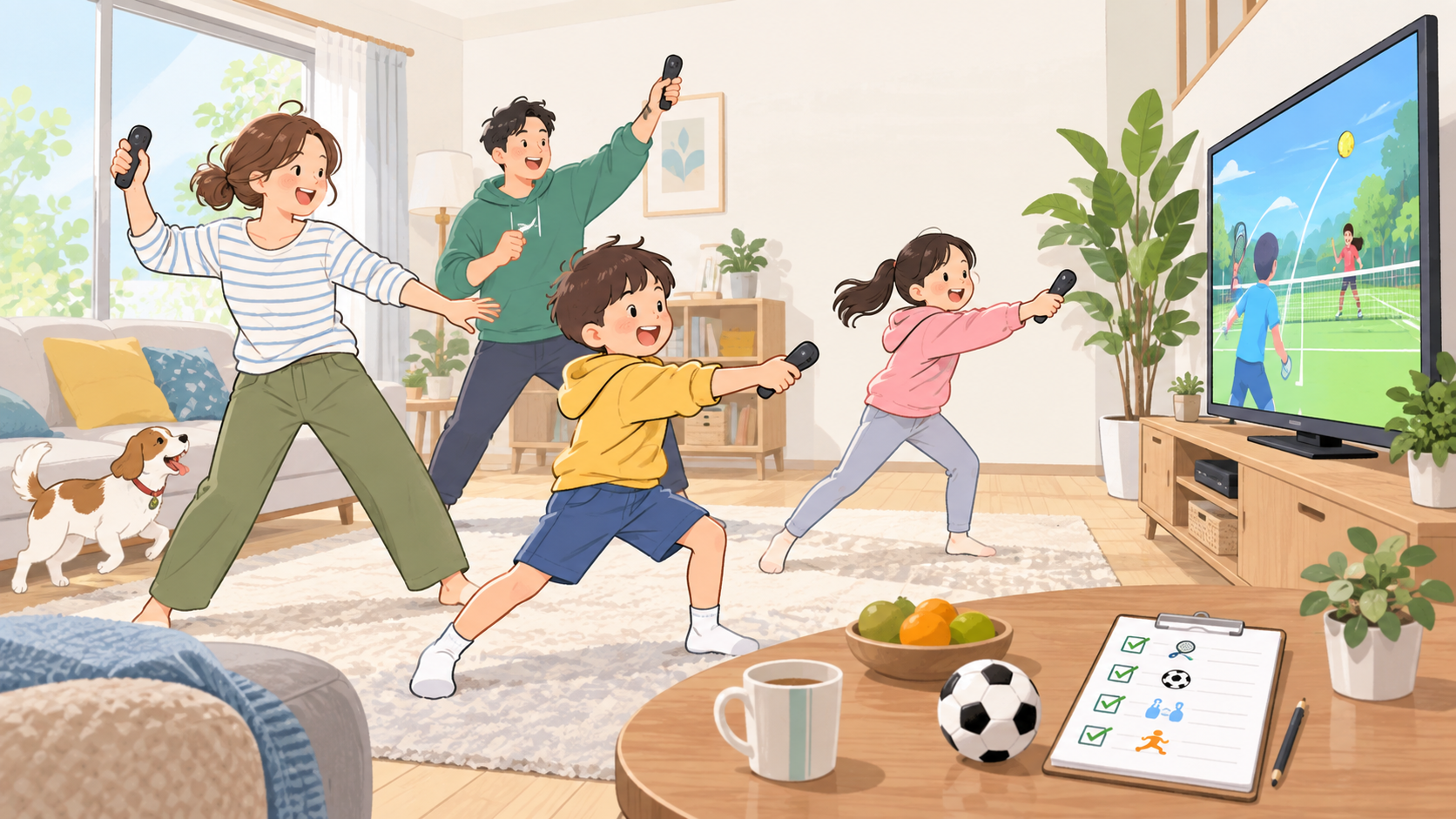 家族や友人が広いリビングで体を動かして遊ぶイメージのオリジナルイラスト