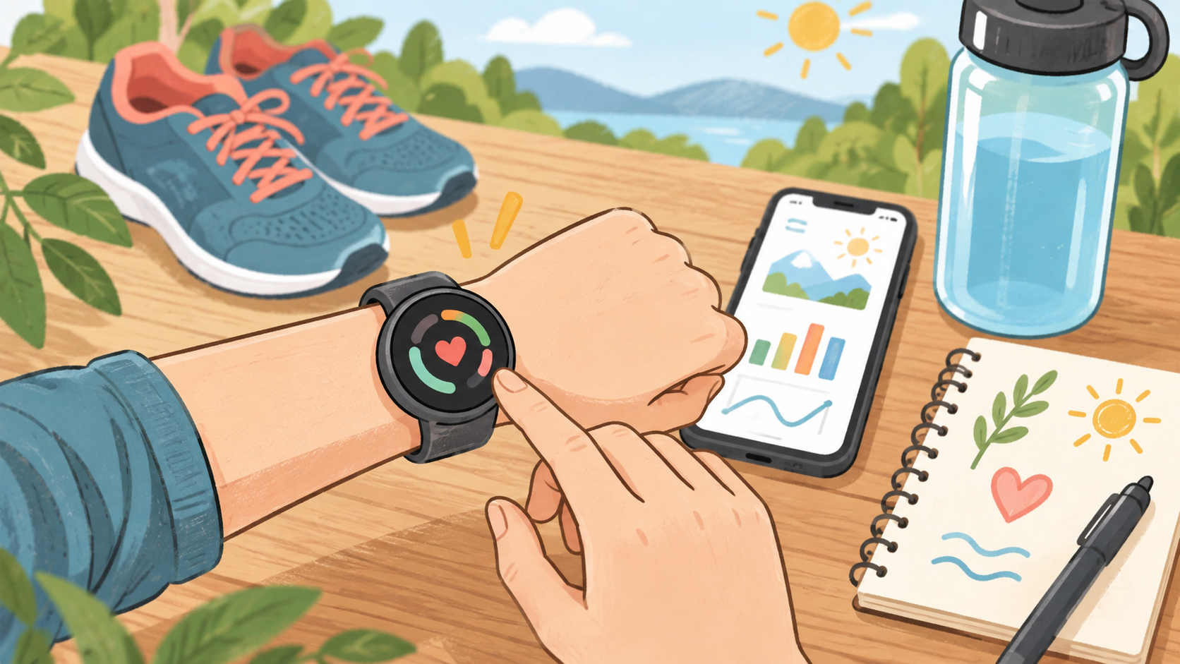 スマートウォッチで日々の体調や運動を確認する様子のオリジナルイラスト
