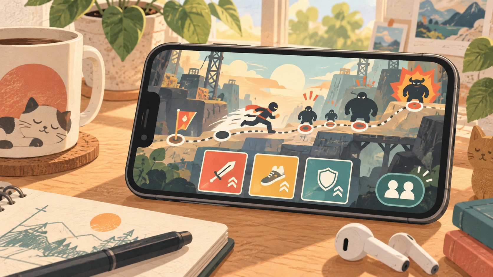 スマートフォンで抽象的なアクションゲームを遊ぶ様子を表したオリジナルイラスト