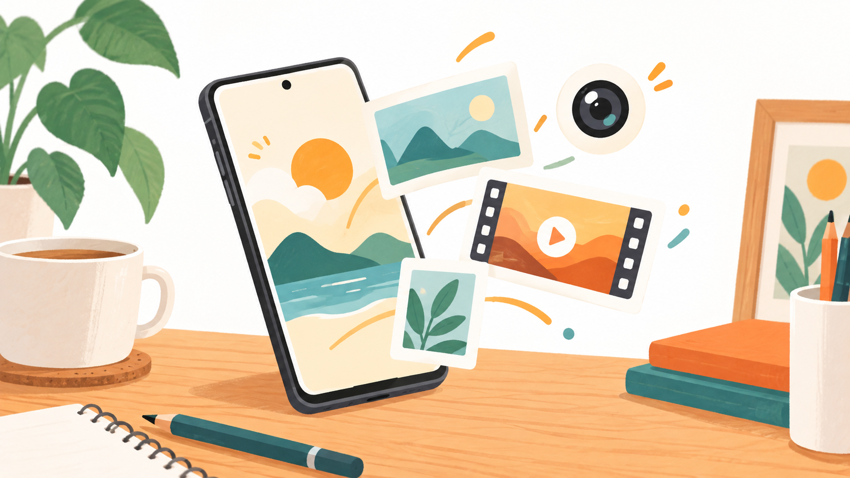 スマートフォンでAI画像や動画を制作する様子を表したオリジナルイラスト