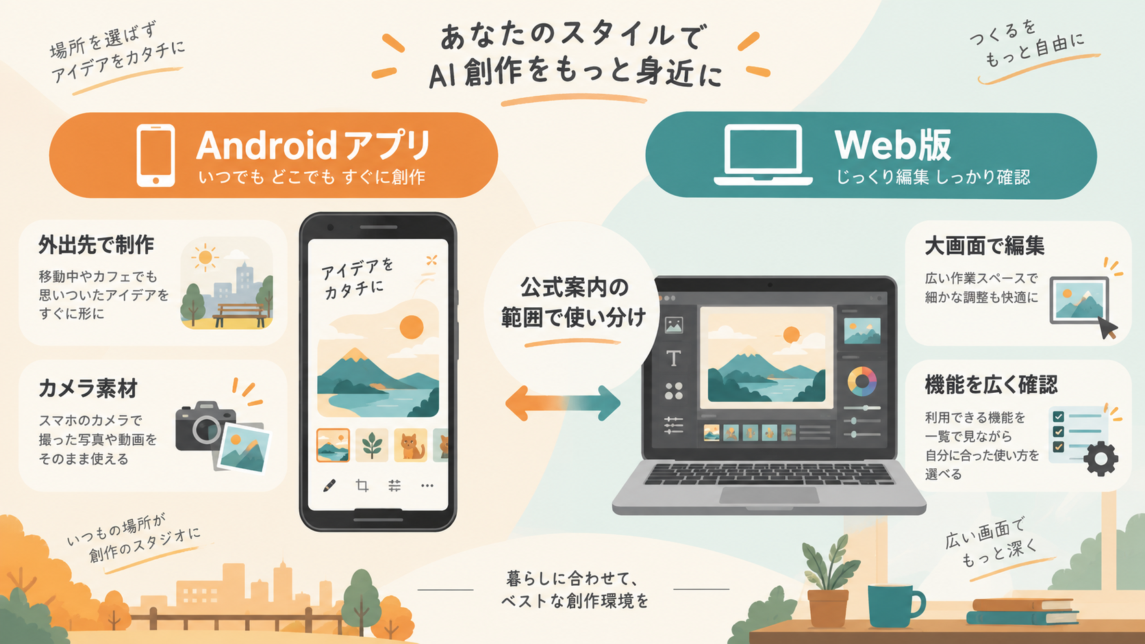 Google FlowのAndroidアプリとWeb版を外出先での制作と大画面編集の使い分けで整理したオリジナル図解