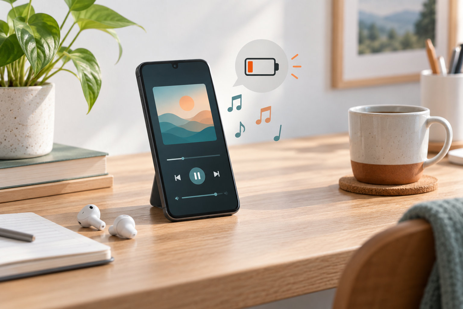 Androidスマートフォンで音楽を再生中にバッテリーの案内が表示される様子を表したオリジナルイラスト