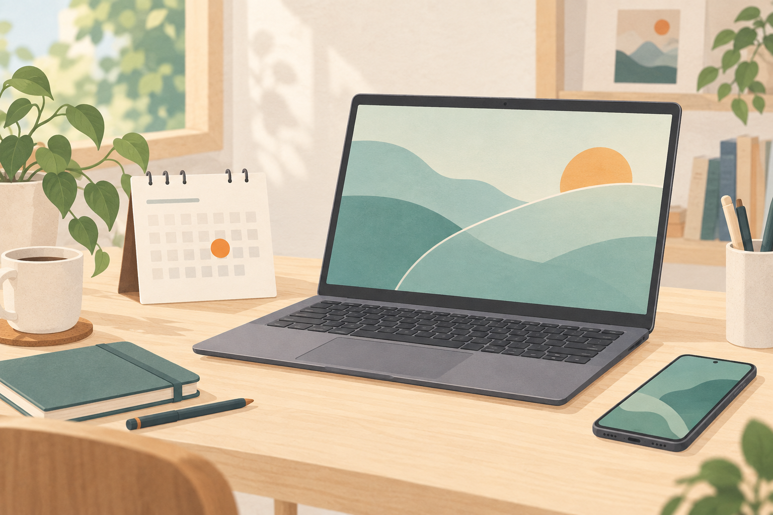 一般的な薄型ノートPCとスマートフォン、予約開始日を示すカレンダーを描いたオリジナルイラスト
