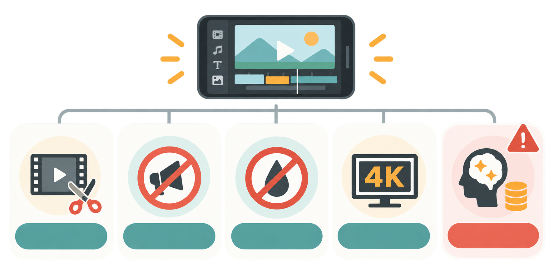 無料編集、広告なし、透かしなし、4K、生成AIクレジットの関係を示す図解