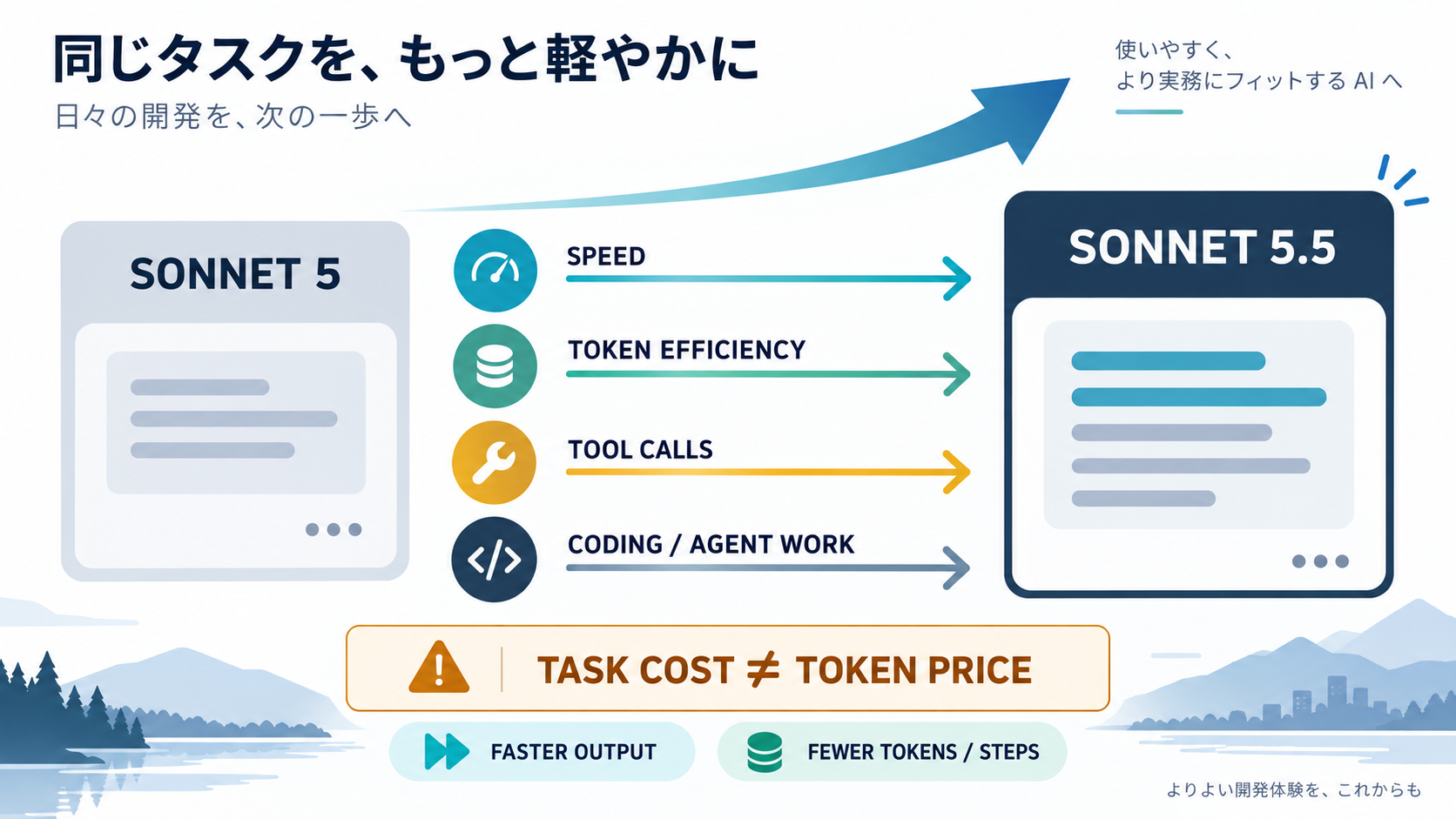 Sonnet 5から5.5への速度・トークン効率・tool call・コーディングの改善を示すオリジナル図解
